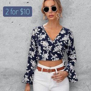 Floral Wrap & Tie Waist Crop Long Sleeve Bell Peplum in Navy & Cream Blouse